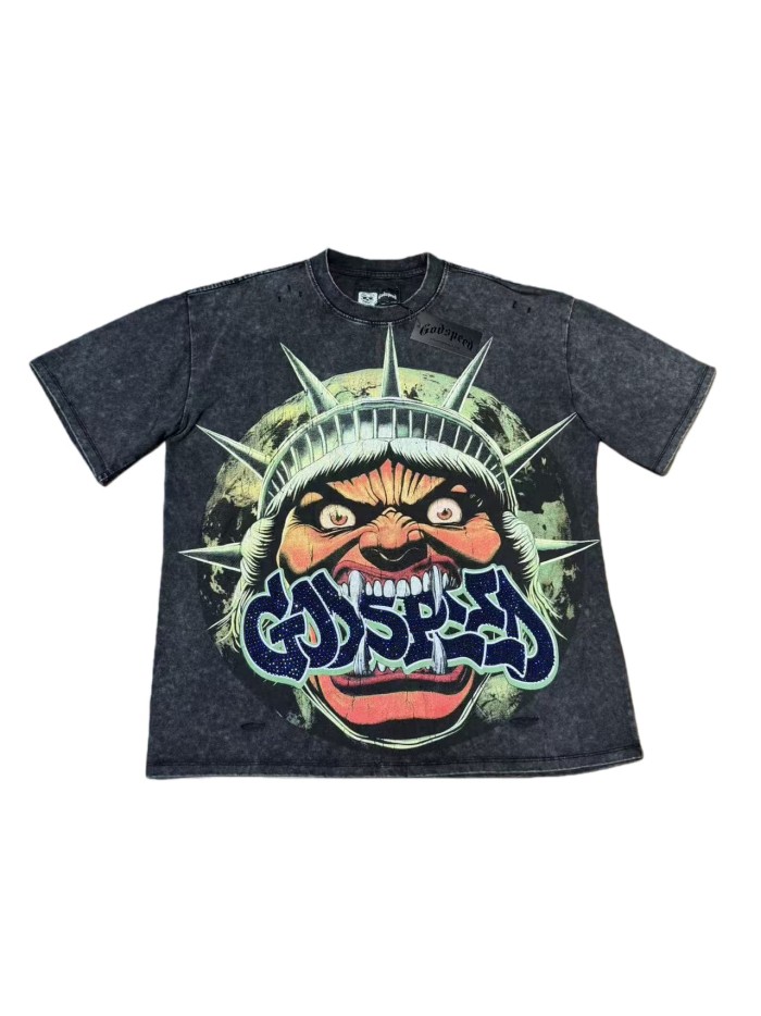Rhinestone Logo God Statue Print Distressed Washed Version Tee 2 colors 28760692