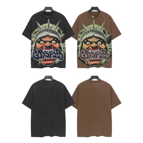 [Buy Two Get One Free]Rhinestone Logo God Statue Print Distressed Washed Version Tee 2 colors 28760692