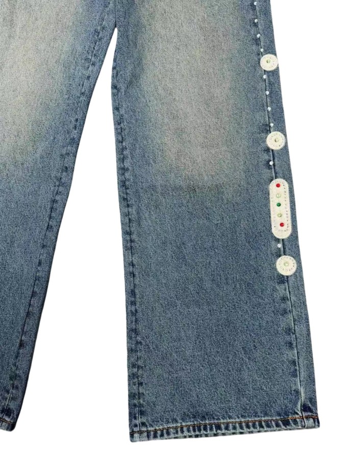 1:1 quality version Side Seam Traffic Light Hot-fix Rhinestone Straight Leg Jeans 28761320