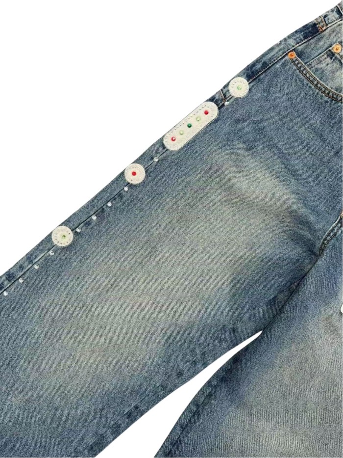 1:1 quality version Side Seam Traffic Light Hot-fix Rhinestone Straight Leg Jeans 28761320