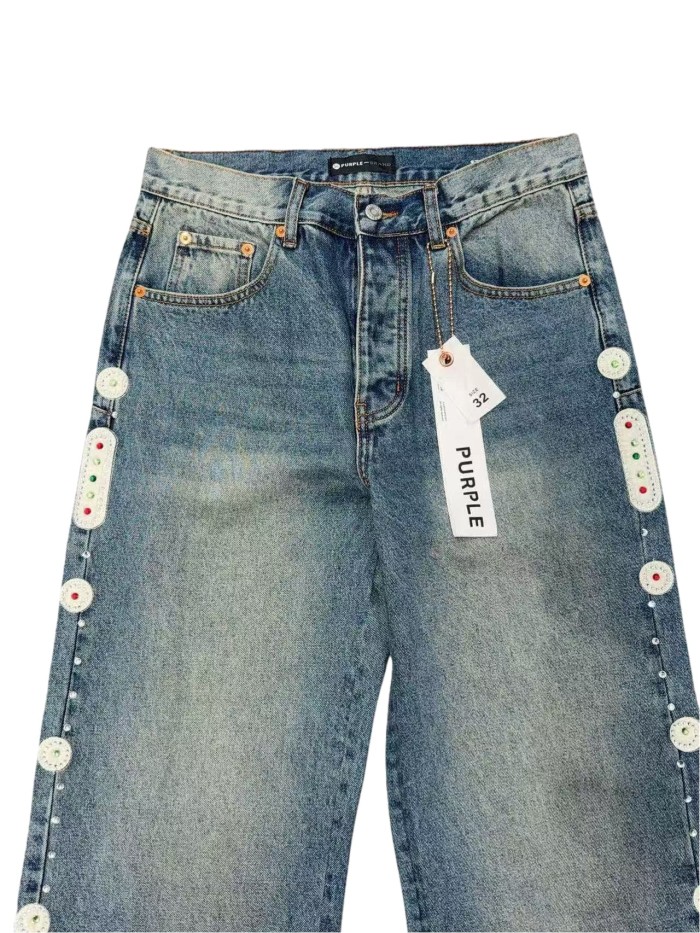 1:1 quality version Side Seam Traffic Light Hot-fix Rhinestone Straight Leg Jeans 28761320