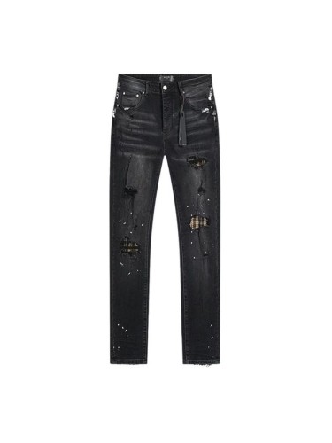 White Painted Distressed Plaid Lining Jeans 28764557