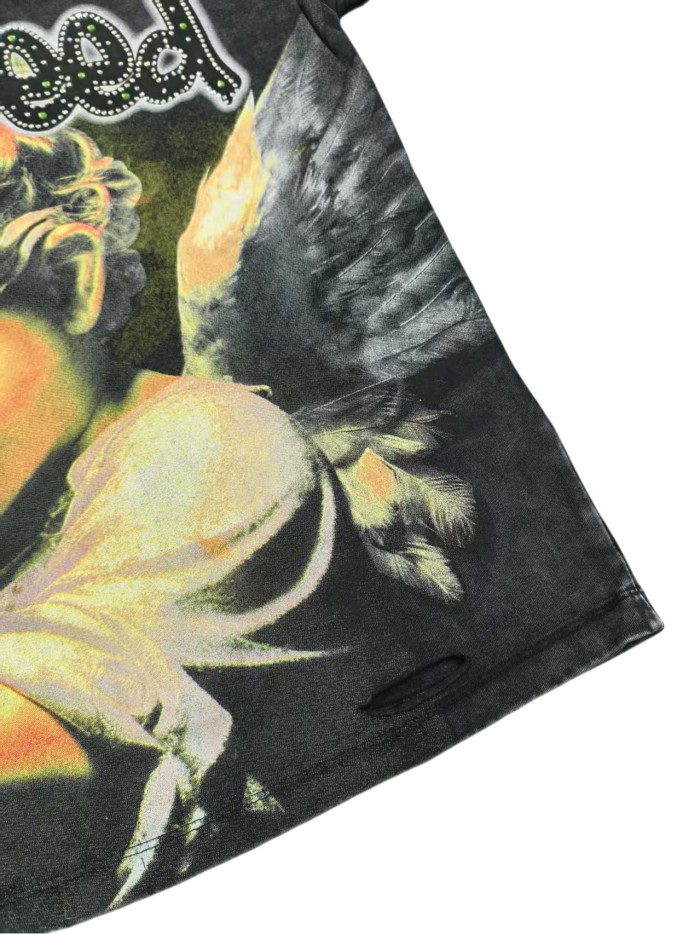 Masked Angel Shot-Effect Rhinestone-Embellished Distressed Print Washed Version Tee 2 colors 28759330