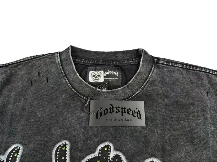 Masked Angel Shot-Effect Rhinestone-Embellished Distressed Print Washed Version Tee 2 colors 28759330