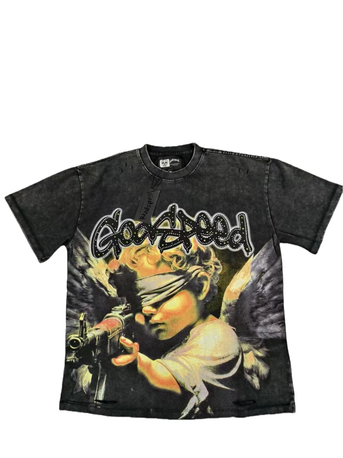Masked Angel Shot-Effect Rhinestone-Embellished Distressed Print Washed Version Tee 2 colors 28759330