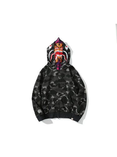 Two-Tone Camo Shark Tiger Head Double-Cap Zipper Hoodie 2 colors 28782843