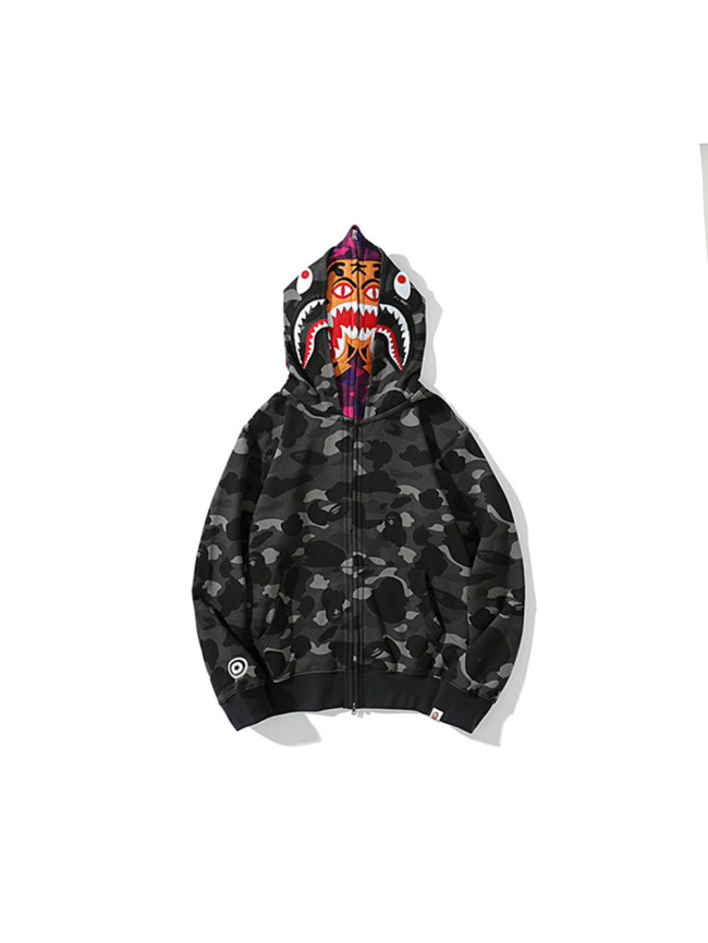 Two-Tone Camo Shark Tiger Head Double-Cap Zipper Hoodie 2 colors 28782843