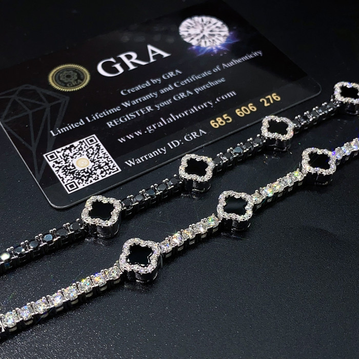 Silver Moissanite Black Agate Four-Leaf Clover Tennis Chain Bracelet 2 colors 28782955