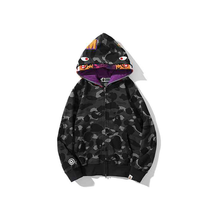 Two-Tone Camo Shark Tiger Head Double-Cap Zipper Hoodie 2 colors 28782843
