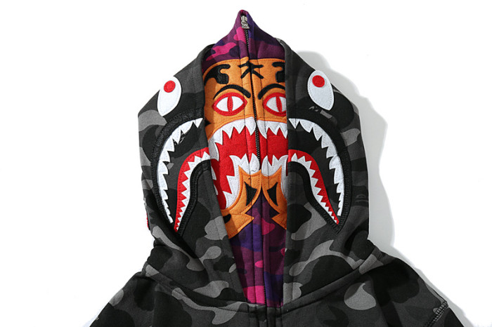Two-Tone Camo Shark Tiger Head Double-Cap Zipper Hoodie 2 colors 28782843