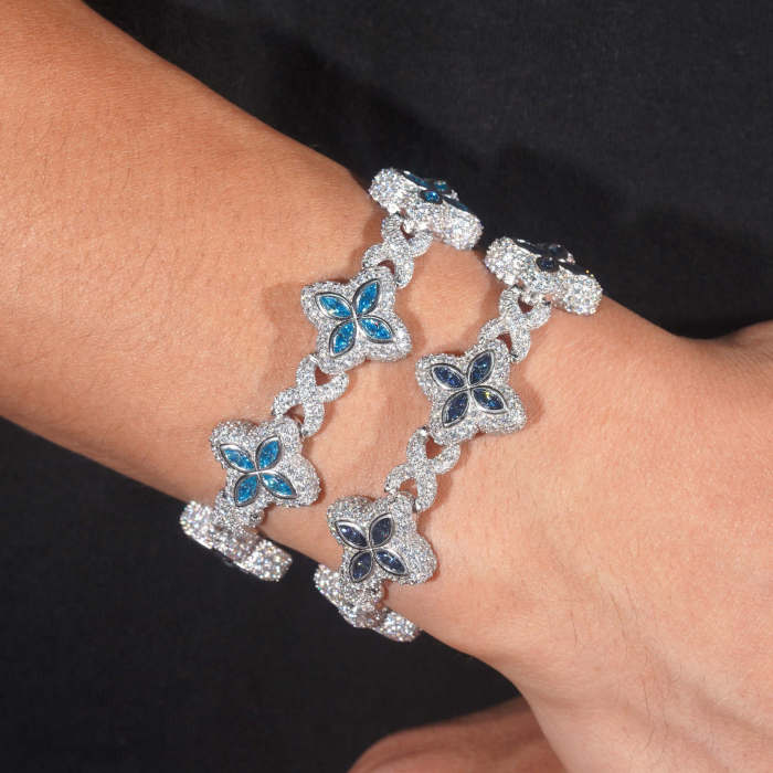 Silver-Plated Moissanite Four-Leaf Clover Cuban Bracelet 5 colors 28782943