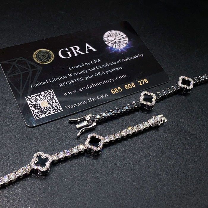 Silver Moissanite Black Agate Four-Leaf Clover Tennis Chain Bracelet 2 colors 28782955