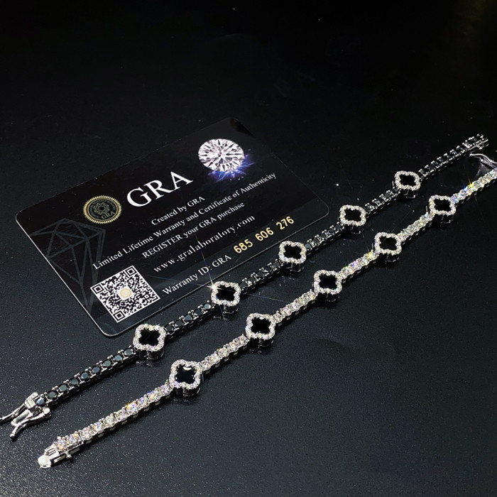 Silver Moissanite Black Agate Four-Leaf Clover Tennis Chain Bracelet 2 colors 28782955