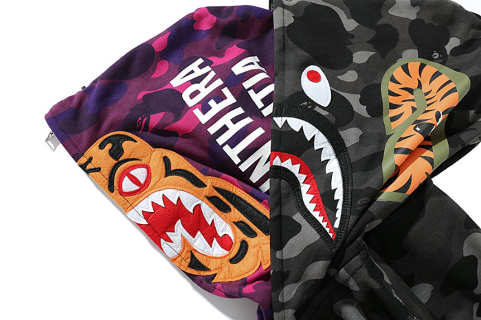 Two-Tone Camo Shark Tiger Head Double-Cap Zipper Hoodie 2 colors 28782843
