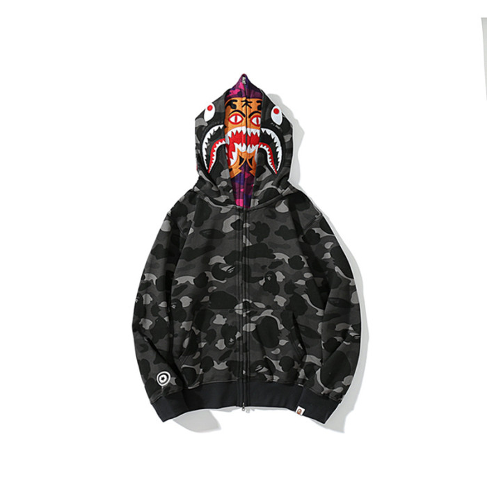 Two-Tone Camo Shark Tiger Head Double-Cap Zipper Hoodie 2 colors 28782843