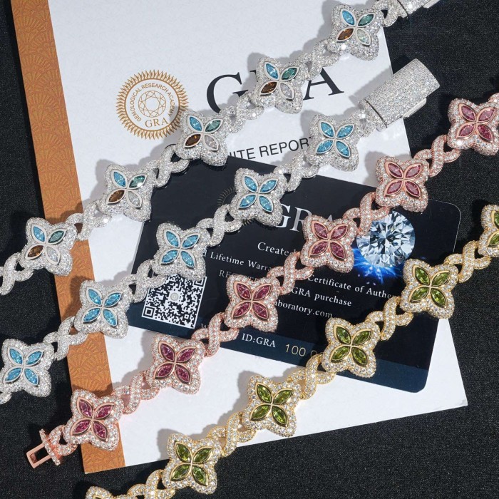 Silver-Plated Moissanite Four-Leaf Clover Cuban Bracelet 5 colors 28782943