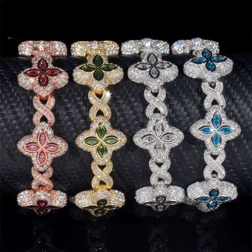 Silver-Plated Moissanite Four-Leaf Clover Cuban Bracelet 5 colors 28782943