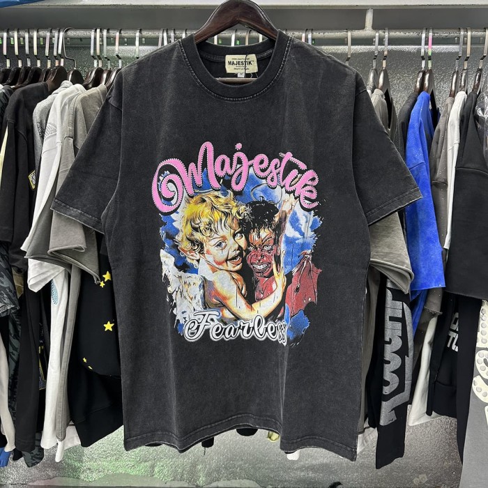 Angel Devil Friends Hotfix Rhinestone Print Washed Tee 28874488