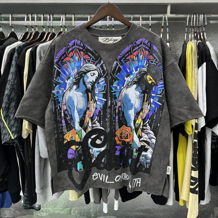 Stained Glass Jesus Splash Ink Rhinestone Print Washed Tee 28874563