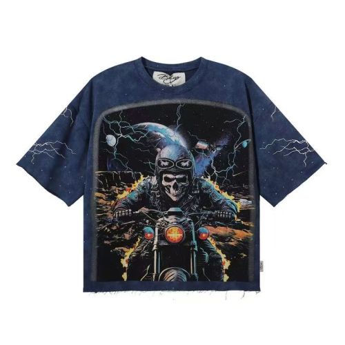 Skull Motorcyclist Splash Ink Rhinestone Print Washed Tee 28874568