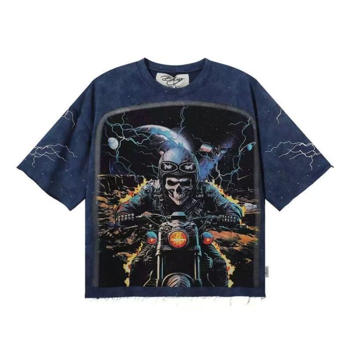 Skull Motorcyclist Splash Ink Rhinestone Print Washed Tee 28874568