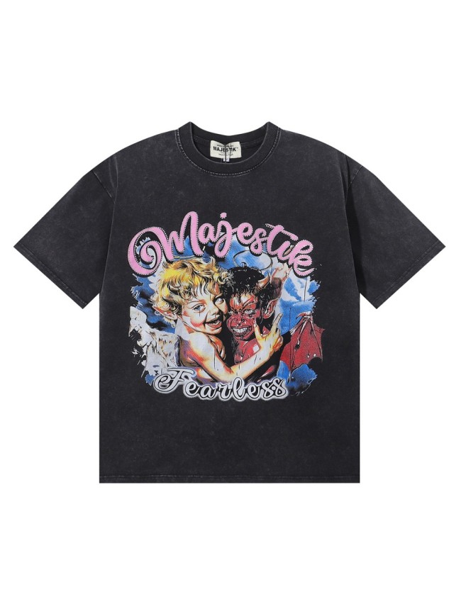 Angel Devil Friends Hotfix Rhinestone Print Washed Tee 28874488