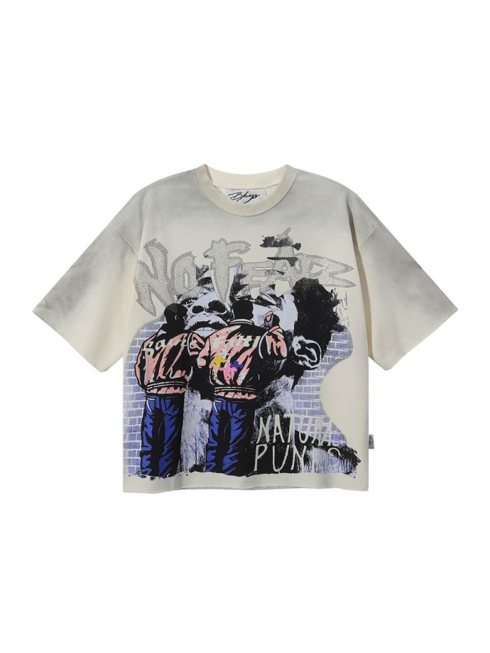 Street Art Rhinestone Print Washed Tee 28874567