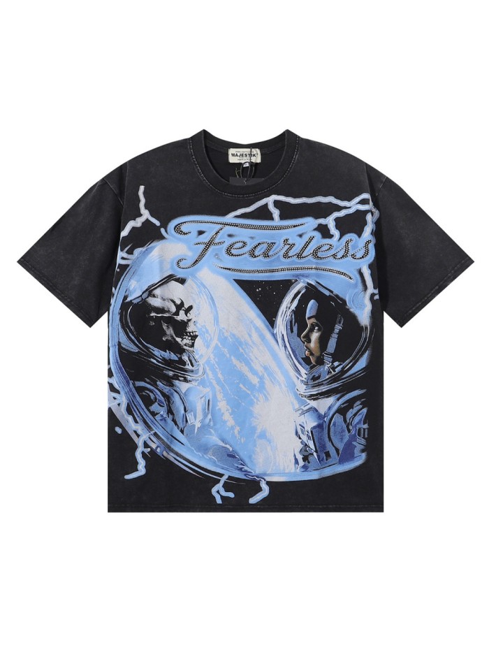 Astronaut Skull Hotfix Rhinestone Print Washed Tee 28874489