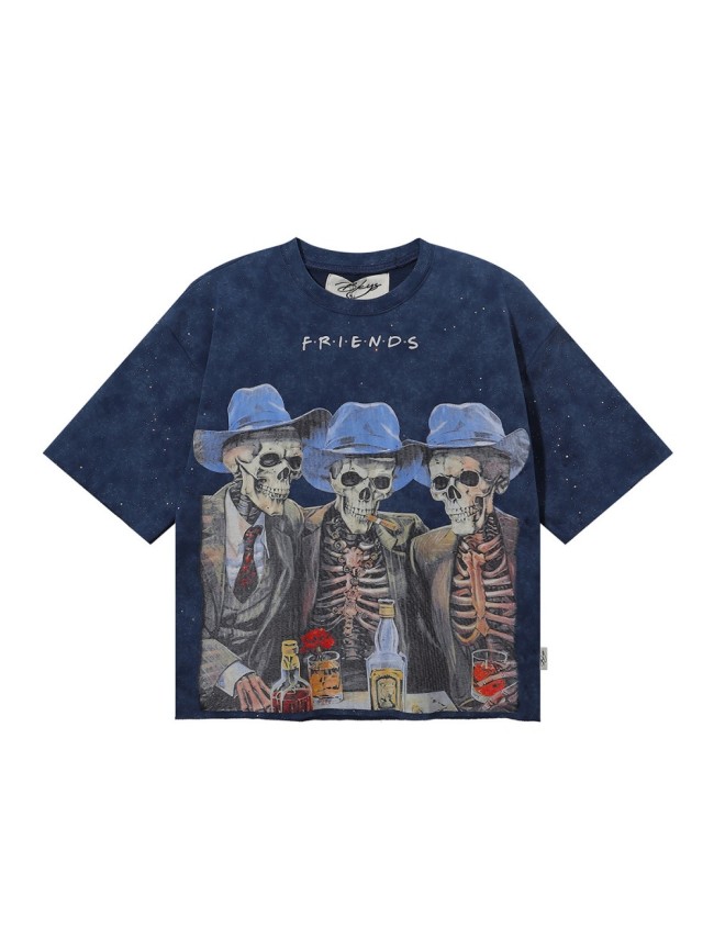 Suit Skull Friends Splash Ink Print Washed Tee 28874572