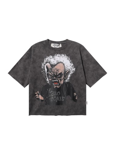 Evil Old Man Splash Ink Rhinestone Print Washed Tee 28874573