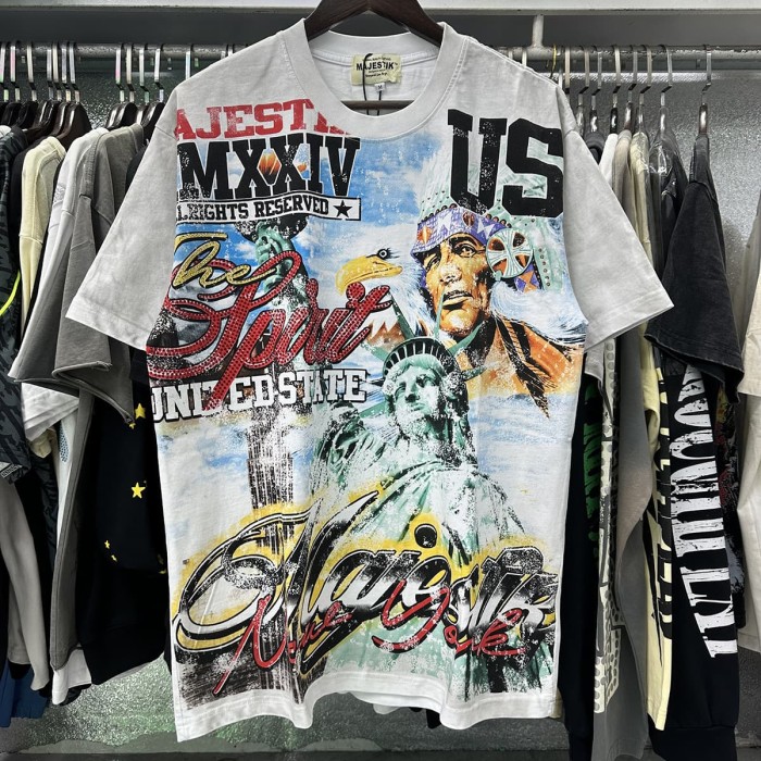 Statue of Liberty Hotfix Rhinestone Print Washed Tee 28874479
