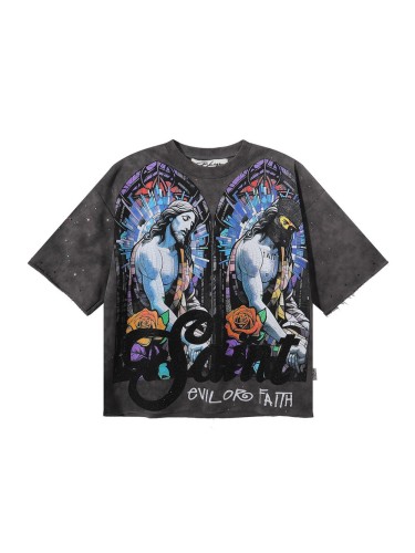 Stained Glass Jesus Splash Ink Rhinestone Print Washed Tee 28874563