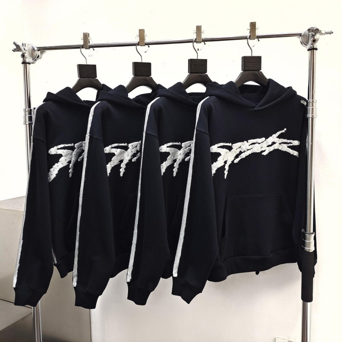 [Big & Tall for weights up to 220 lbs]1:1 quality version Silver Brush Rhinestone Black Hoodie & Pants Set 28893166