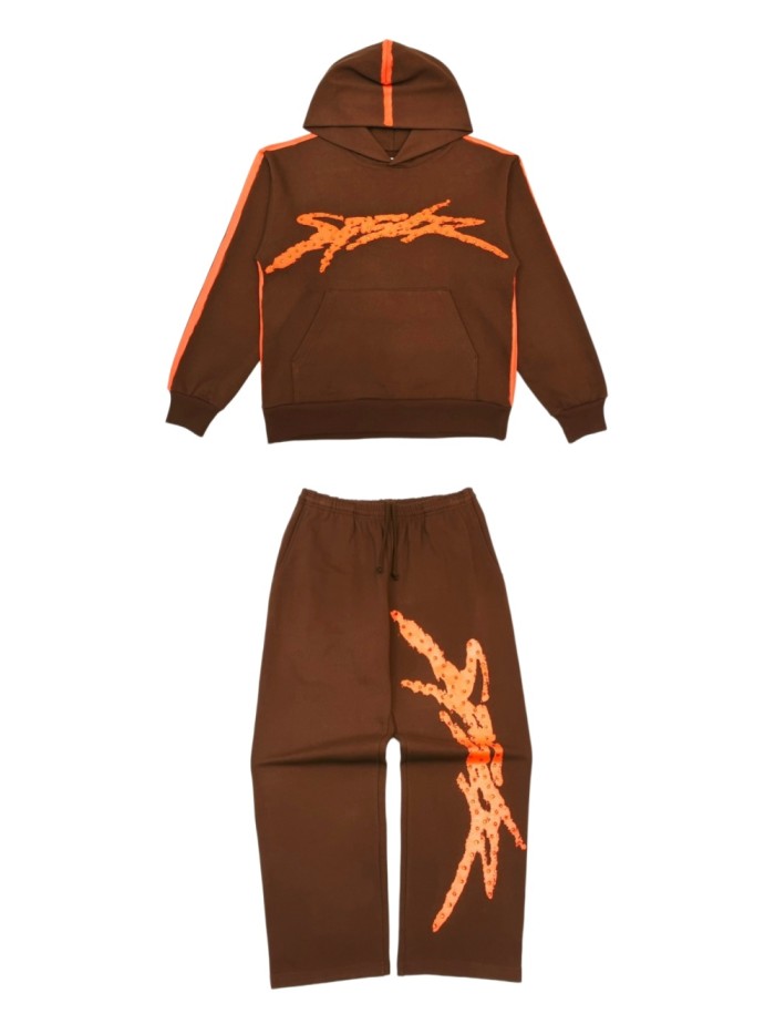 [Big & Tall for weights up to 220 lbs]1:1 quality version Orange Brush Rhinestone Brown Hoodie & Pants Set 28893164
