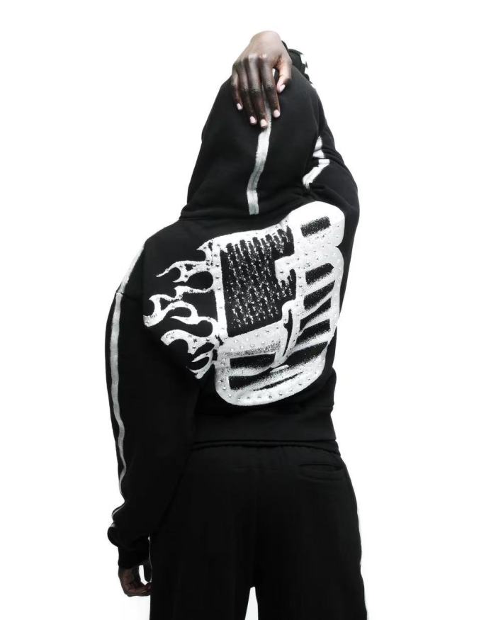 [Big & Tall for weights up to 220 lbs]1:1 quality version Silver Brush Rhinestone Black Hoodie & Pants Set 28893166