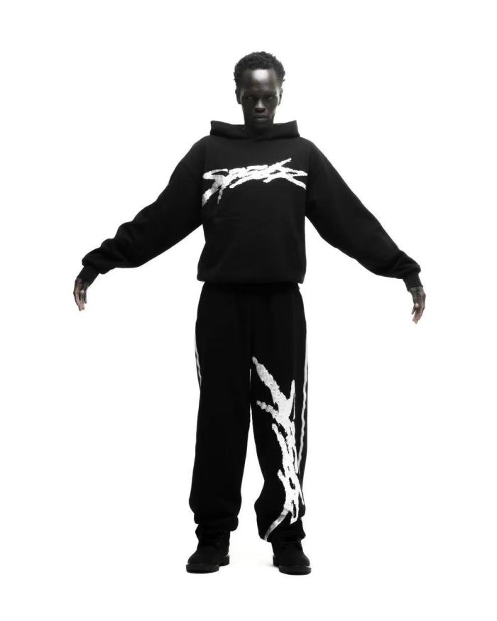 [Big & Tall for weights up to 220 lbs]1:1 quality version Silver Brush Rhinestone Black Hoodie & Pants Set 28893166