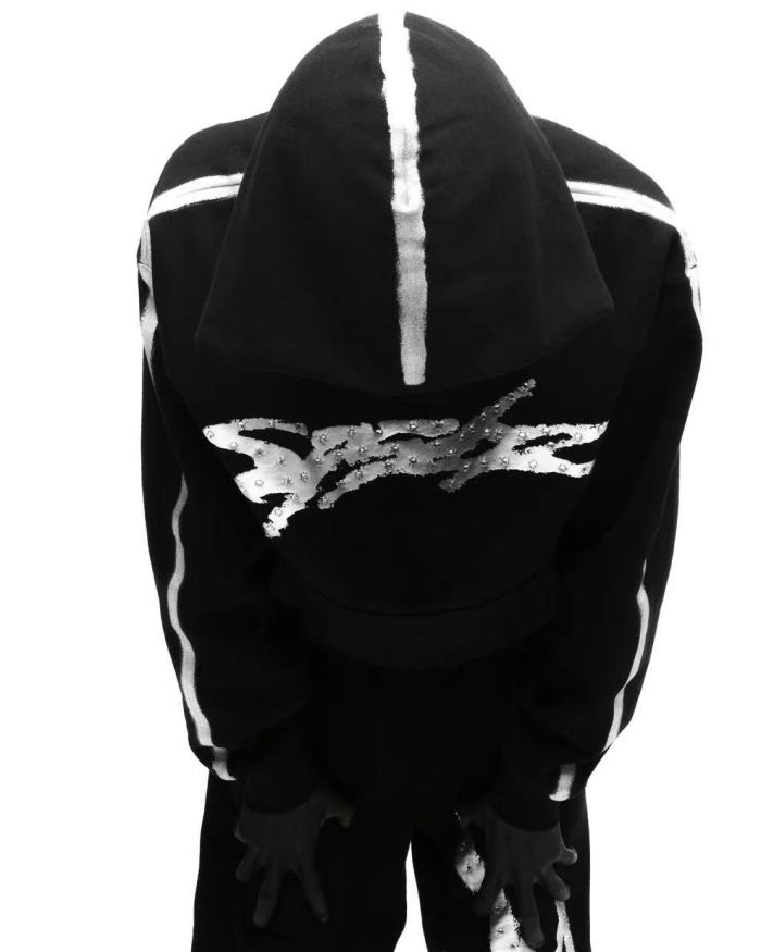[Big & Tall for weights up to 220 lbs]1:1 quality version Silver Brush Rhinestone Black Hoodie & Pants Set 28893166