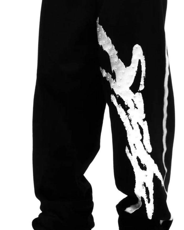 [Big & Tall for weights up to 220 lbs]1:1 quality version Silver Brush Rhinestone Black Hoodie & Pants Set 28893166