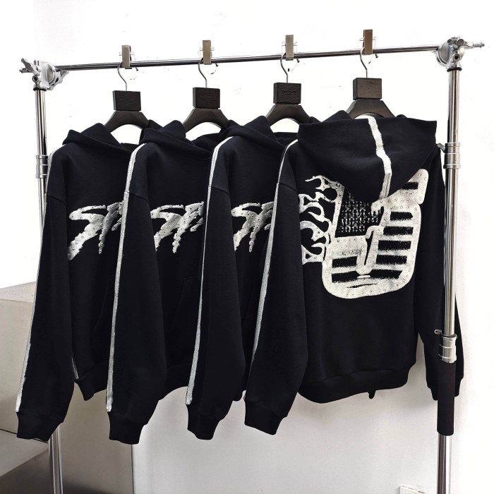 [Big & Tall for weights up to 220 lbs]1:1 quality version Silver Brush Rhinestone Black Hoodie & Pants Set 28893166