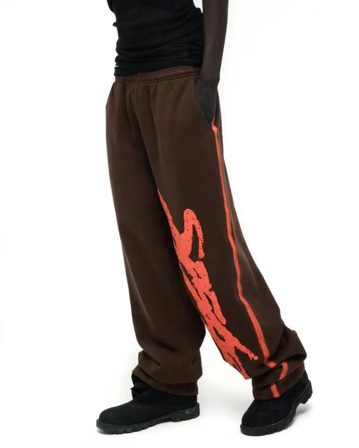 [Big & Tall for weights up to 220 lbs]1:1 quality version Orange Brush Rhinestone Brown Hoodie & Pants Set 28893164