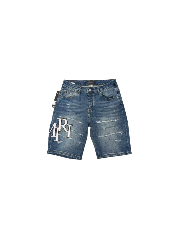 1:1 quality version Fluffy Embroidered Logo Distressed Denim Shorts 28920251