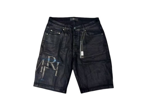 1:1 quality version Pure Black Shiny Faux Leather Pleated Denim Shorts 28920235