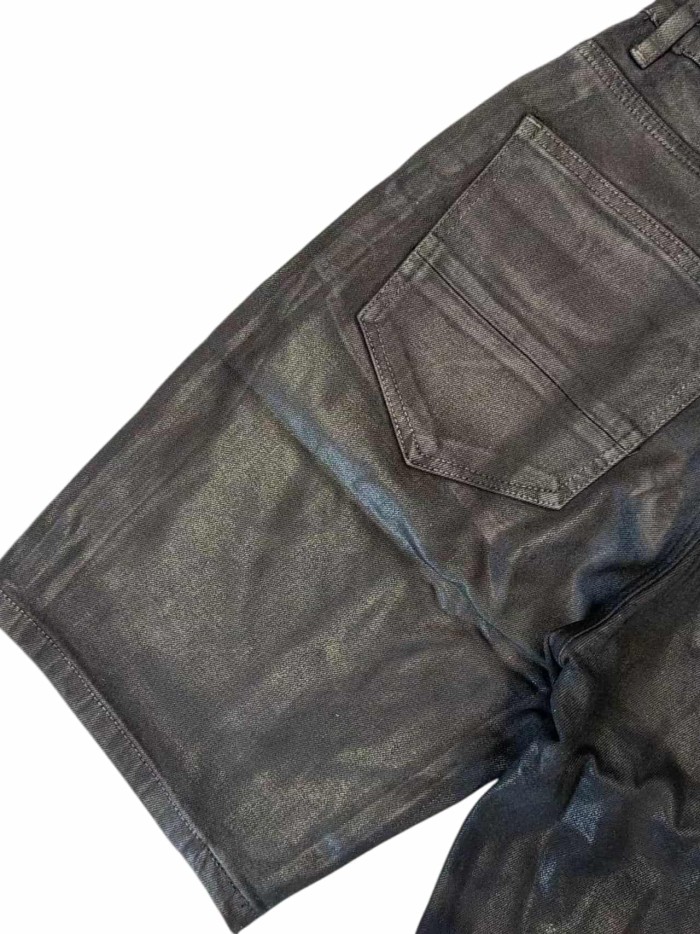 1:1 quality version Pure Black Shiny Faux Leather Pleated Denim Shorts 28920235