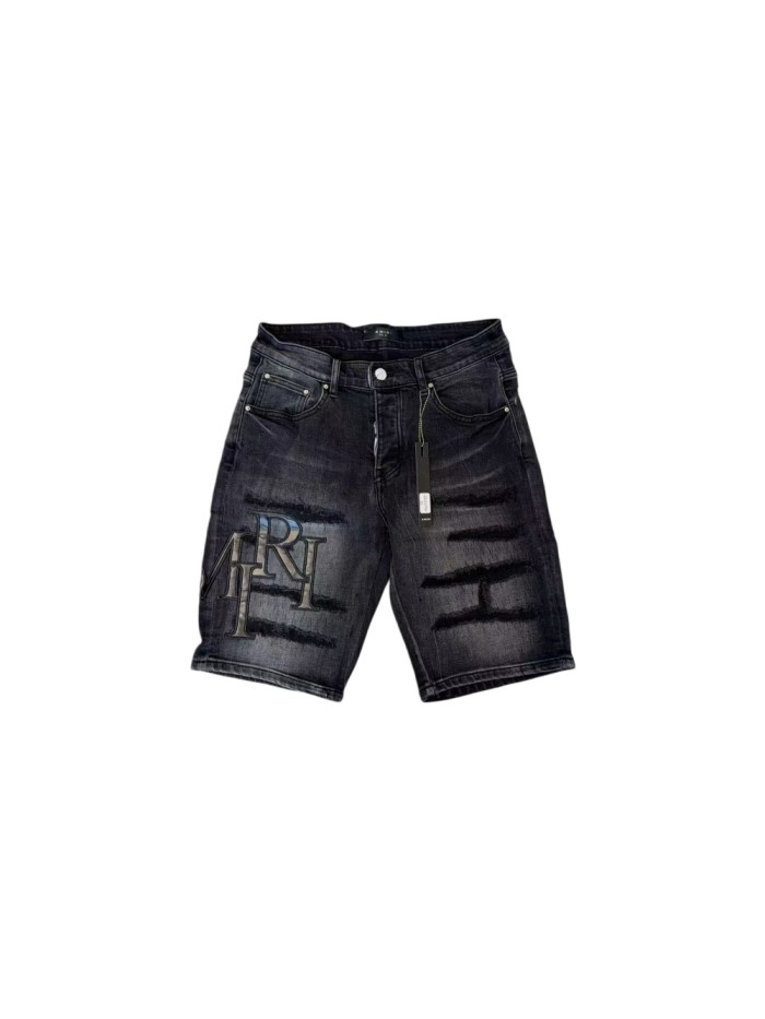 1:1 quality version Logo Patch Horizontal Striped Ripped Denim Shorts 28920234