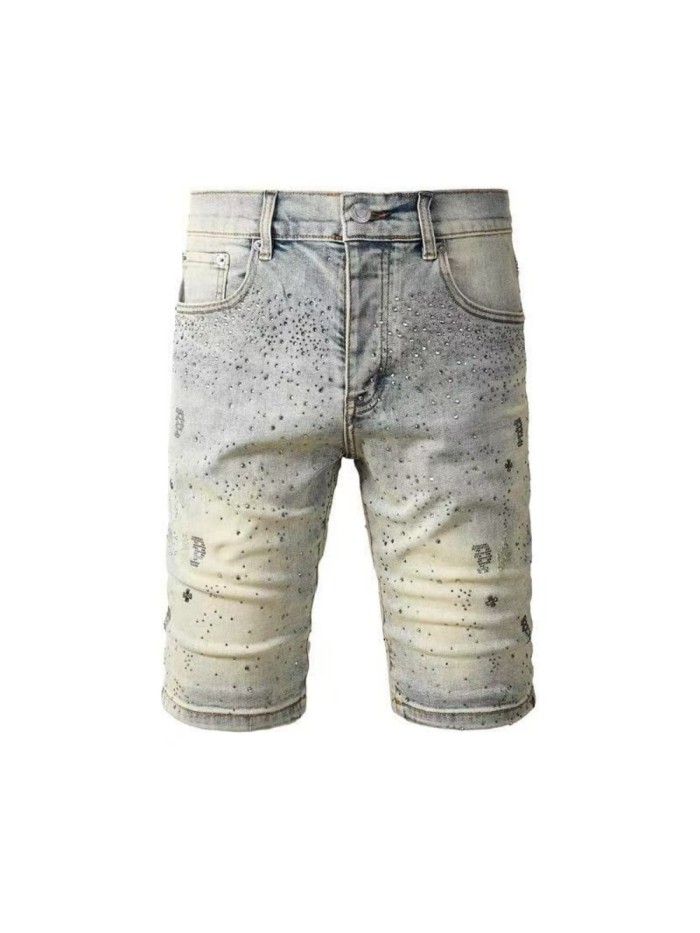 1:1 quality version Silver Ink P-Shape Rhinestone Denim Shorts 28920227