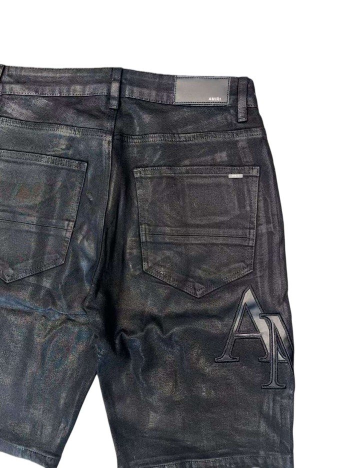 1:1 quality version Pure Black Shiny Faux Leather Pleated Denim Shorts 28920235
