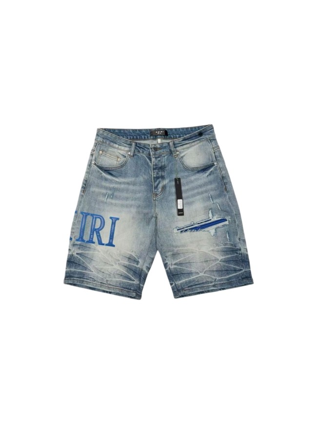 1:1 quality version Blue Leather Logo Patch Denim Shorts 28972419