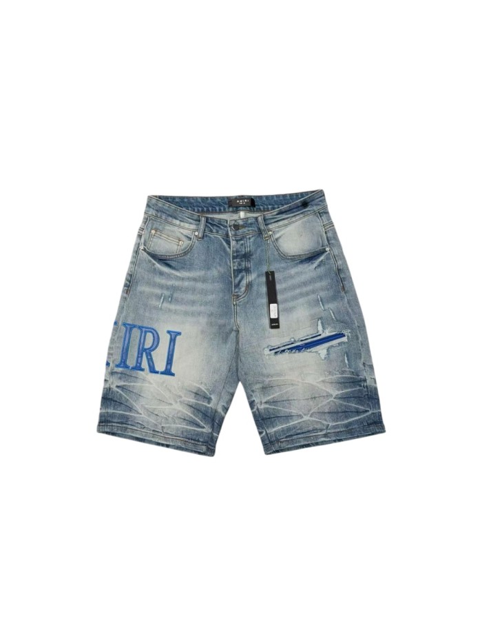 1:1 quality version Blue Leather Logo Patch Denim Shorts 28972419