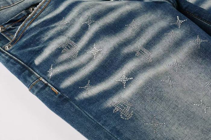 1:1 quality version  Star Rhinestone Cross Pattern Stacked Washed Jeans 28972585