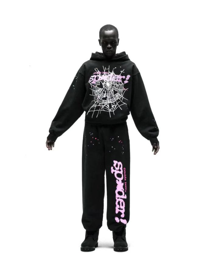 [Big & Tall for weights up to 220 lbs]1:1 quality version Pink Letters and White Mesh Black Print Hoodie & Pants Set 28971642